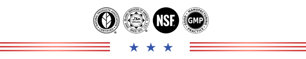 Logo sijil Candy B+ Complex – Halal, GMP, NSF dan Certified Natural Product dari USA