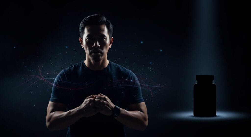 Imej lelaki maskulin melambangkan ubat kuat lelaki dalam gaya dark premium